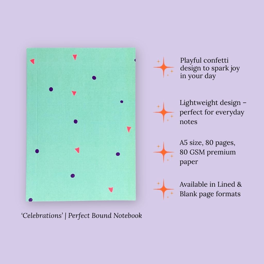 Lightweight notebook with confetti design on a green background