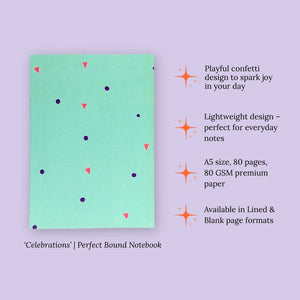 Lightweight notebook with confetti design on a green background