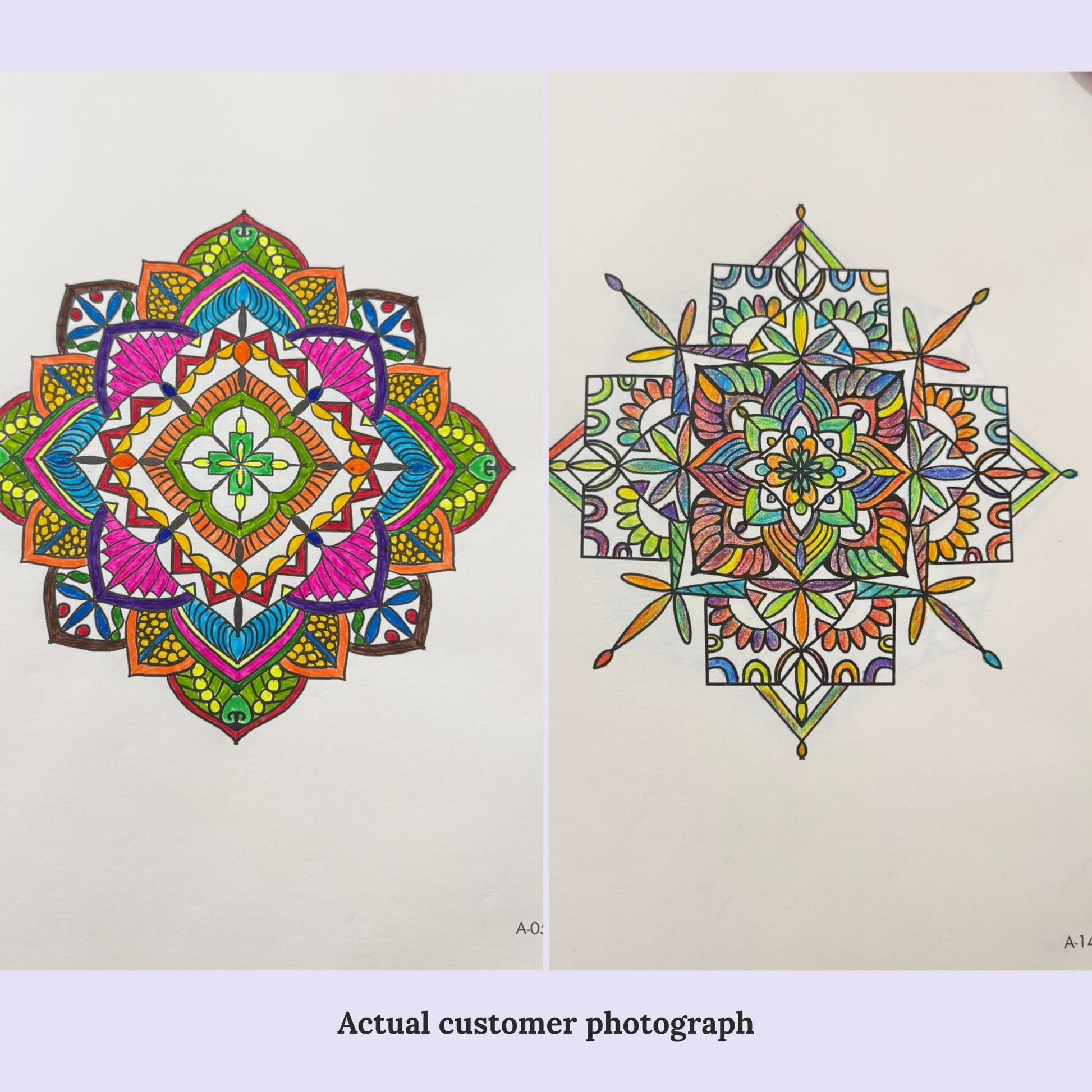 Two coloured mandala designs which were done by an actual customer.