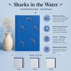 Blue hardbound journal with shark illustrations on a light blue background and text on the right