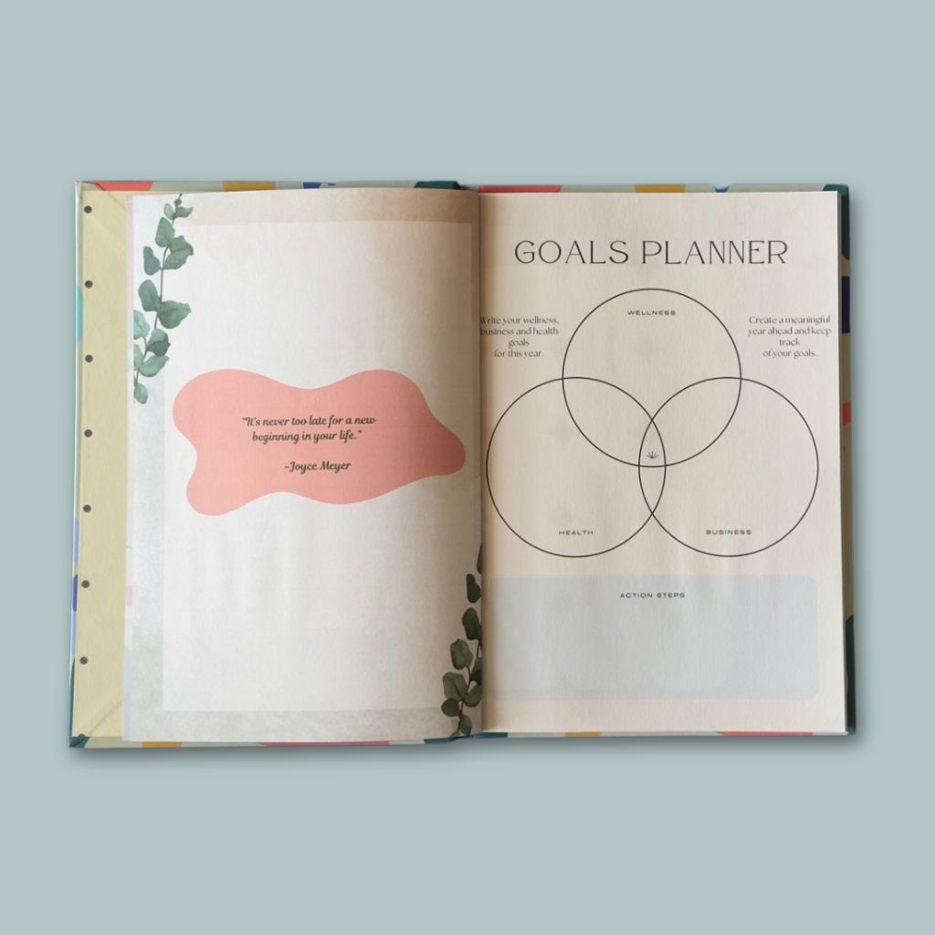 Open book showing a goals planner with a Venn diagram and inspirational quote on a light blue background.