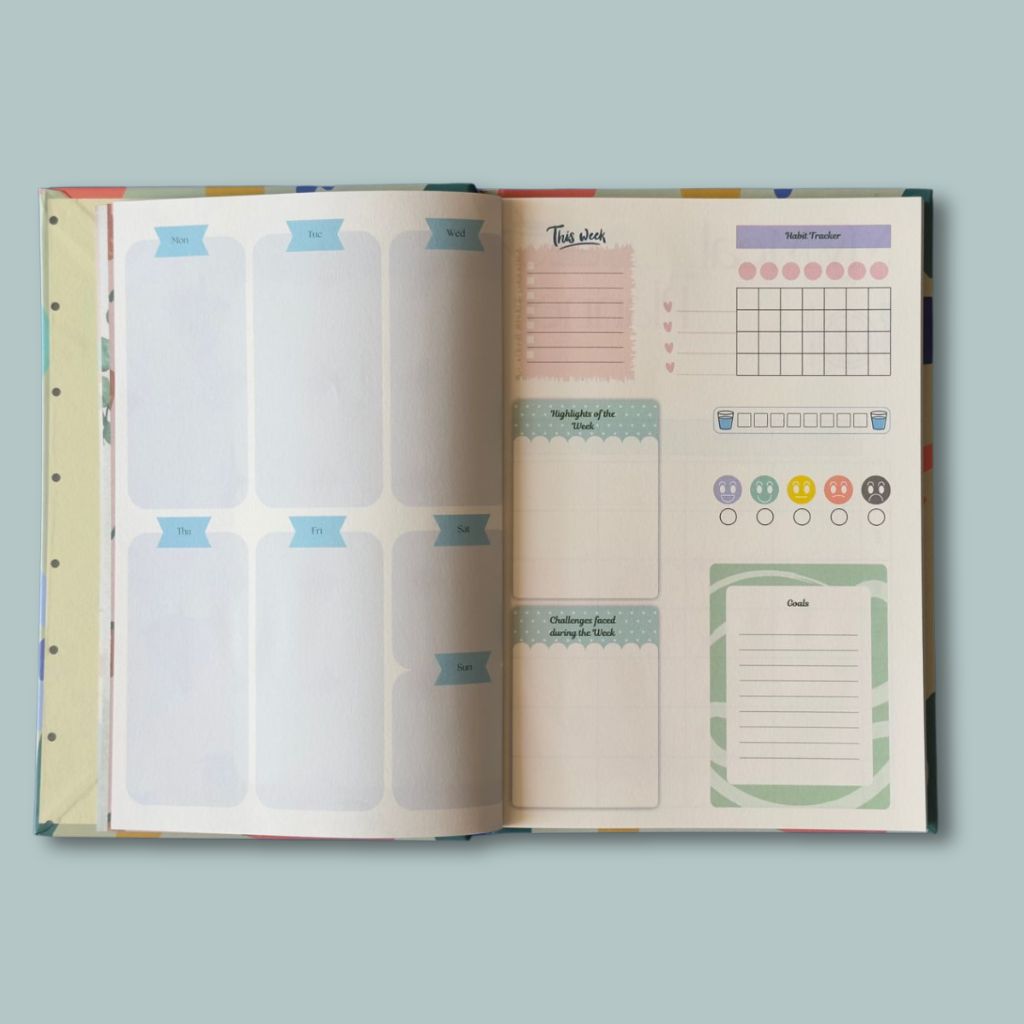 Open planner with various sections on a light blue background