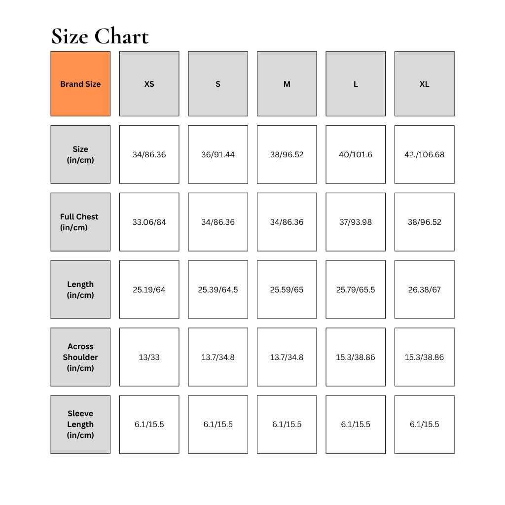 Size chart for clothing with brand size, chest measurements, and other dimensions.