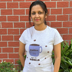 Printed Ladies T-Shirt (Grey) - 'Coffee First then the World'