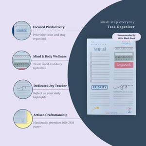 Task organizer with features on a light purple background