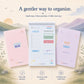 Three pastel planner and notebook covers displayed on a soft illustrated background with mountains, sun, and decorative text. The center item shows a light blue planner page with blue, green, and pink accents, and the side items are light pink and pale lavender.