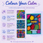 Promotional graphic for the 'Colour Your Calm' coloring book, featuring a purple background with text highlighting key features like 22 unique designs, large A4 pages, and relaxing mindful activity. Several colorful sample pages are shown alongside the main cover.